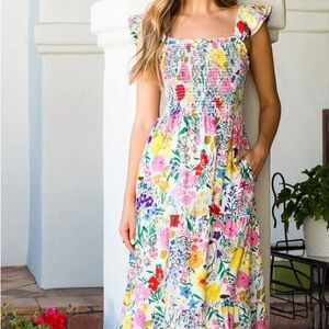 THML White Floral Maxi Dress with Pink, Yellow & Green Print